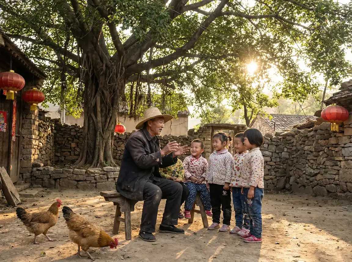老人在大榕树下给孩子们讲故事 - 欲望的游戏 乡村记忆